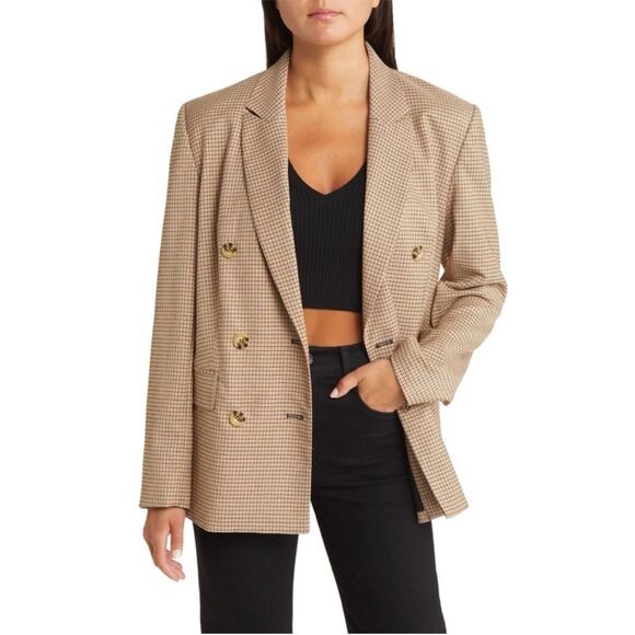 WAYF Double Breasted Blazer Brown Checkered Newton Size Large - Picture 1 of 12